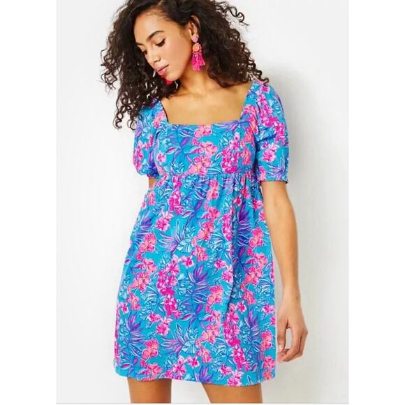 Lilly Pulitzer Size 0 Tunic Dress Babydoll Delaney Smocked Square Neck - Picture 1 of 9